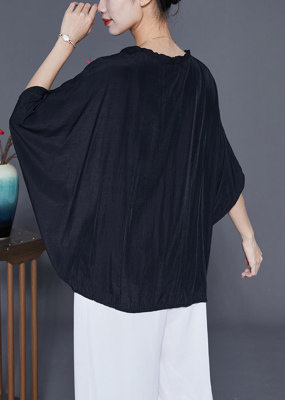 Diy Black Oversized Wrinkled Silk Shirt Top Summer LY3670 - fabuloryshop