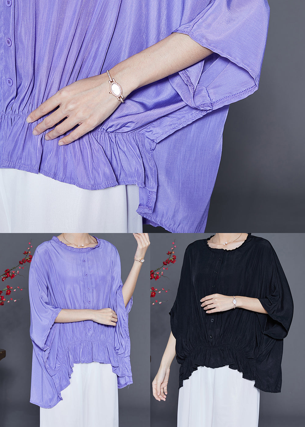 Diy Black Oversized Wrinkled Silk Shirt Top Summer LY3670 - fabuloryshop