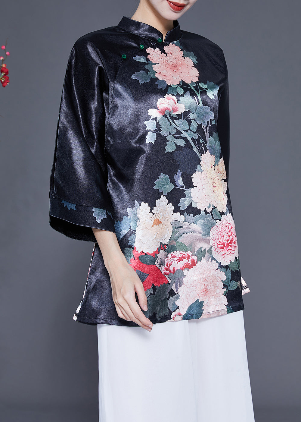 Diy Black Stand Collar Print Side Open Silk Shirt Bracelet Sleeve LY1857 - fabuloryshop