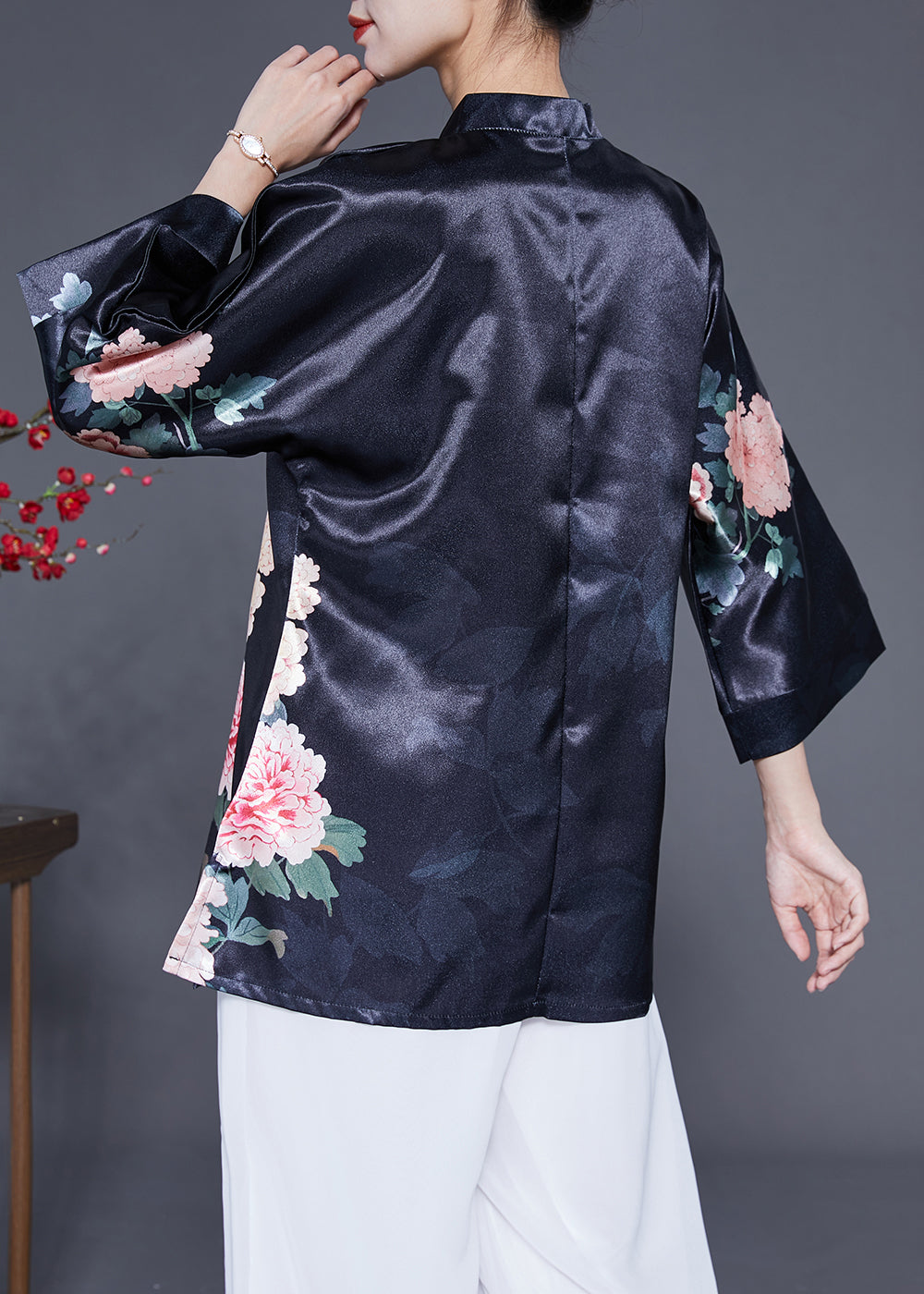 Diy Black Stand Collar Print Side Open Silk Shirt Bracelet Sleeve LY1857 - fabuloryshop