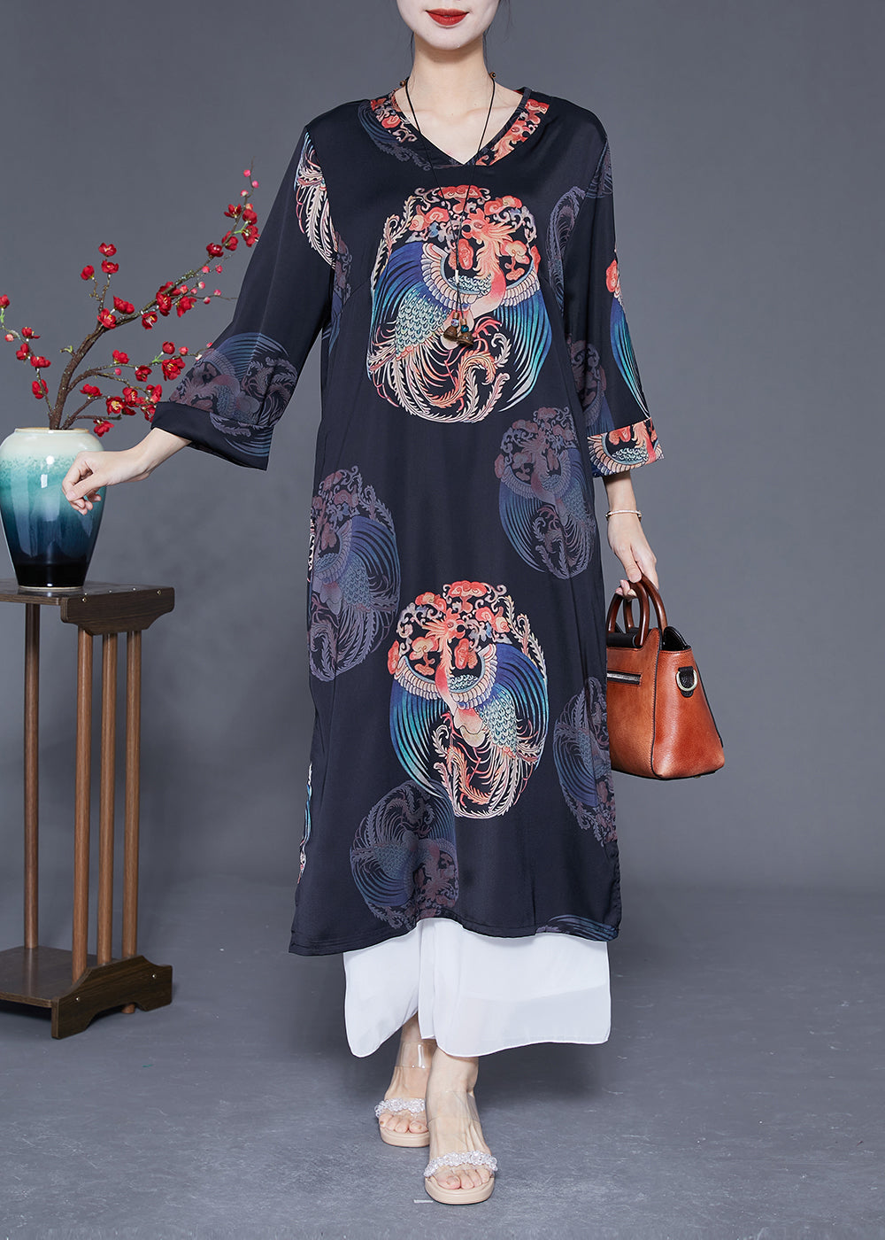 Diy Black V Neck Print Side Open Silk Dresses Bracelet Sleeve LY1828 - fabuloryshop