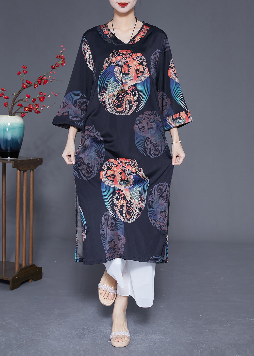 Diy Black V Neck Print Side Open Silk Dresses Bracelet Sleeve LY1828 - fabuloryshop