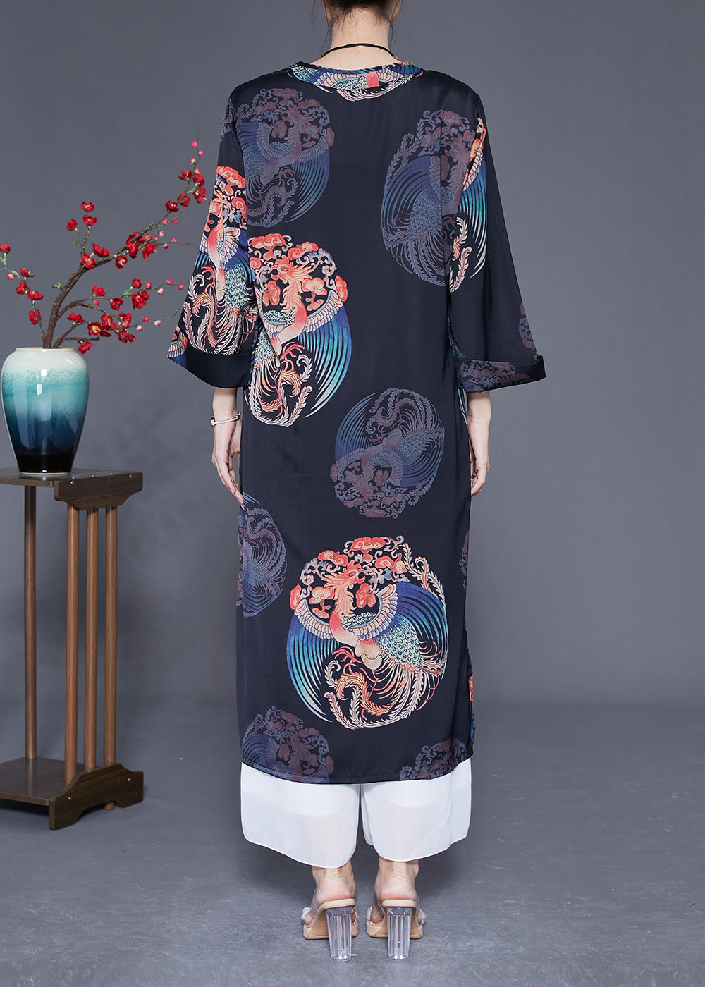 Diy Black V Neck Print Side Open Silk Dresses Bracelet Sleeve LY1828 - fabuloryshop