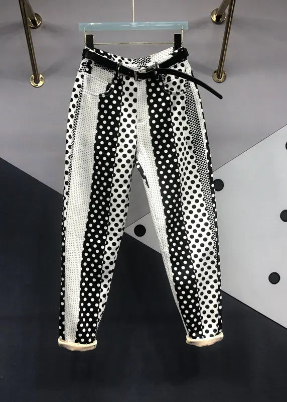 Diy Black White Dot Pockets Patchwork Denim Pants Fall Ada Fashion