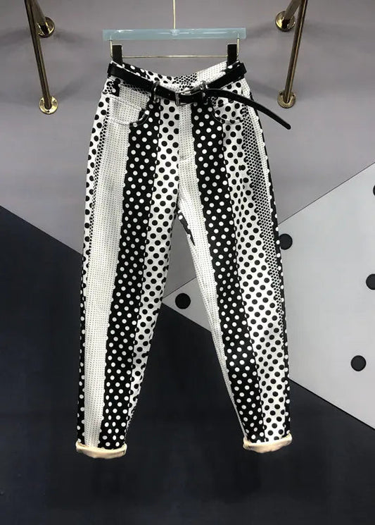 Diy Black White Dot Pockets Patchwork Denim Pants Fall Ada Fashion