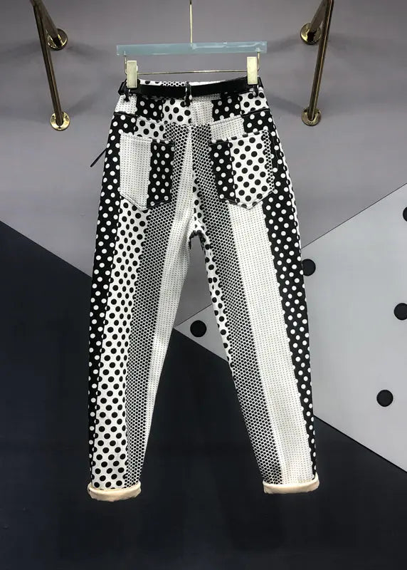 Diy Black White Dot Pockets Patchwork Denim Pants Fall Ada Fashion