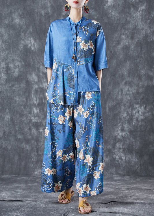 Diy Blue Asymmetrical Print Denim Two-Piece Set Summer LY5655 - fabuloryshop