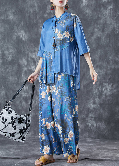 Diy Blue Asymmetrical Print Denim Two-Piece Set Summer LY5655 - fabuloryshop