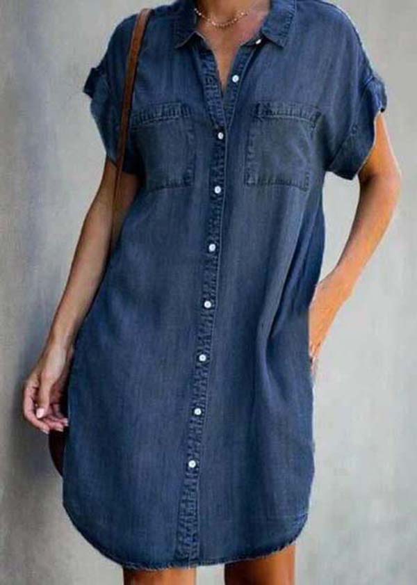 Diy Blue Peter Pan Collar Pockets Denim Shirt Dress Summer LY4010 - fabuloryshop