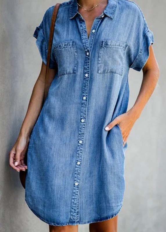 Diy Blue Peter Pan Collar Pockets Denim Shirt Dress Summer LY4010 - fabuloryshop