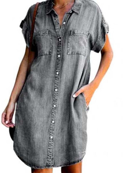 Diy Blue Peter Pan Collar Pockets Denim Shirt Dress Summer LY4010 - fabuloryshop