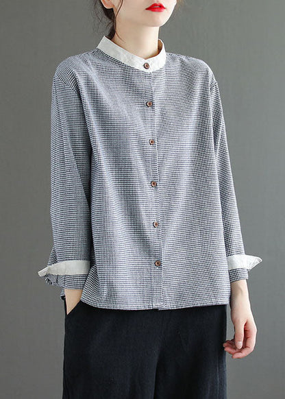 Diy Blue Plaid Stand Collar Patchwork Cotton Shirt Top Spring LY6212 - fabuloryshop