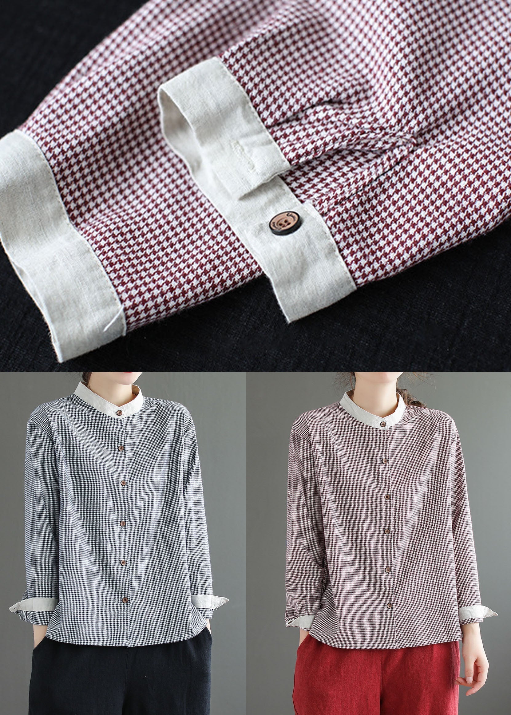 Diy Blue Plaid Stand Collar Patchwork Cotton Shirt Top Spring LY6212 - fabuloryshop