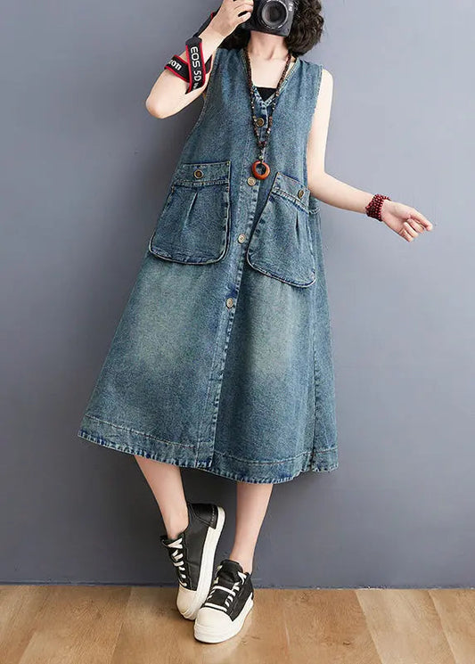 Diy Blue V Neck Pockets Cotton Denim A Line Dresses Sleeveless Ada Fashion