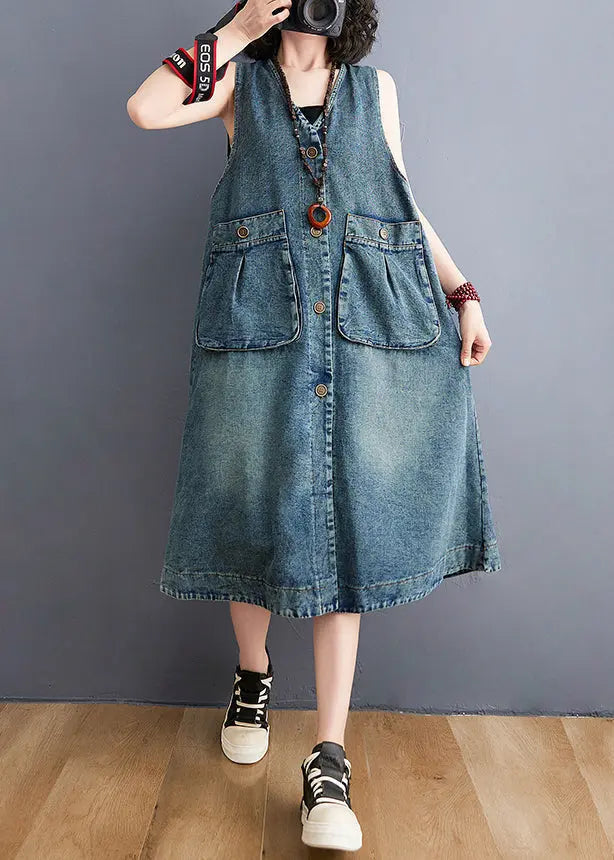 Diy Blue V Neck Pockets Cotton Denim A Line Dresses Sleeveless Ada Fashion