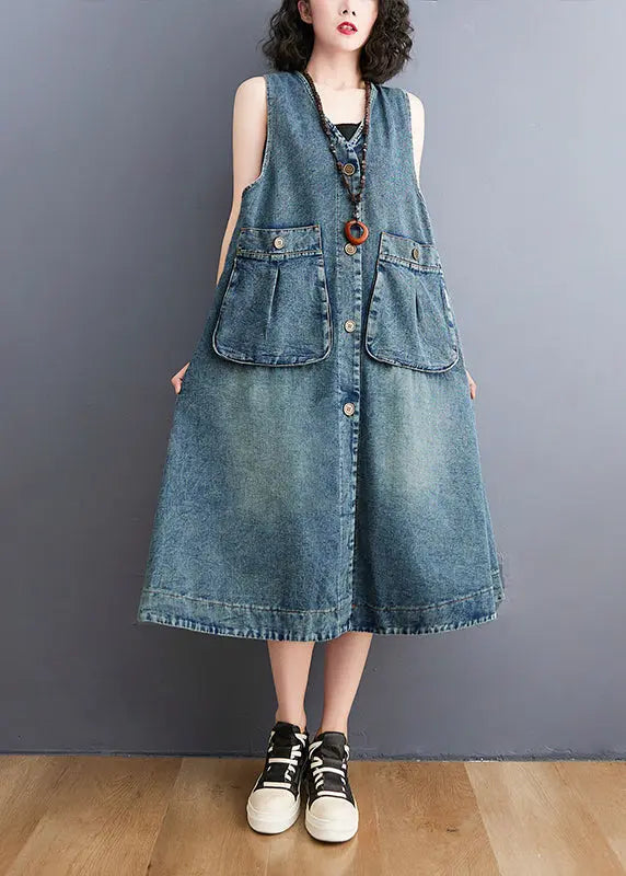 Diy Blue V Neck Pockets Cotton Denim A Line Dresses Sleeveless Ada Fashion