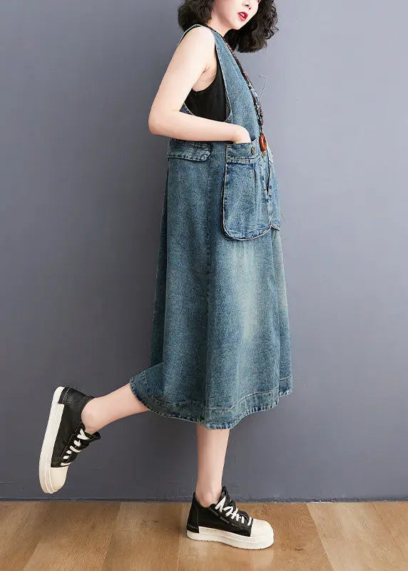 Diy Blue V Neck Pockets Cotton Denim A Line Dresses Sleeveless Ada Fashion