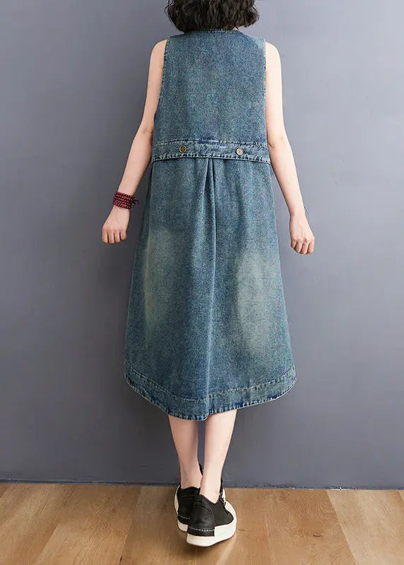 Diy Blue V Neck Pockets Cotton Denim A Line Dresses Sleeveless Ada Fashion