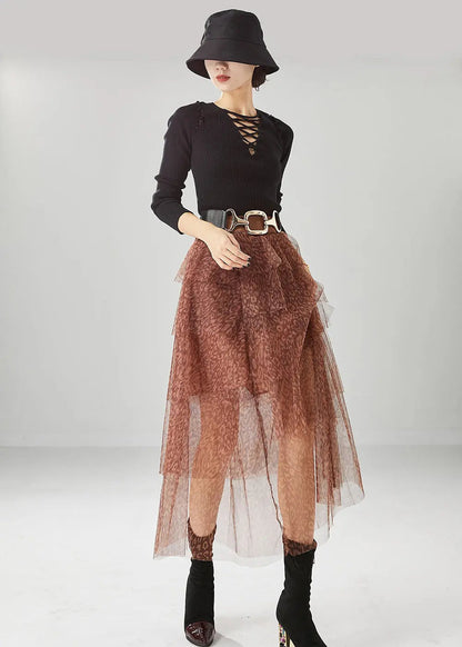 Diy Brick Red Layered Design Print Tulle Skirt Summer Ada Fashion