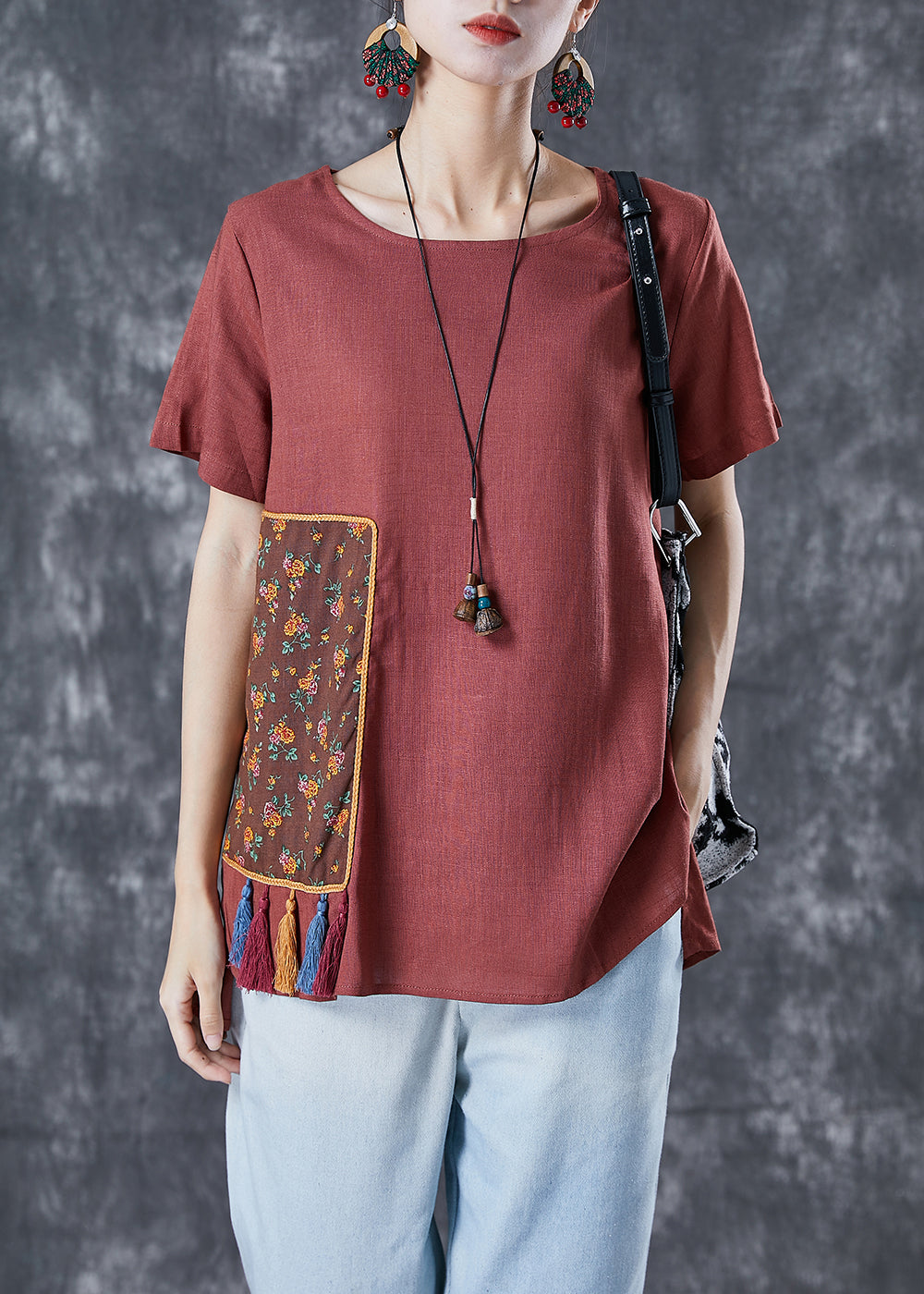 Diy Brick Red Oversized Patchwork Applique Linen Tops Summer LY4987 - fabuloryshop