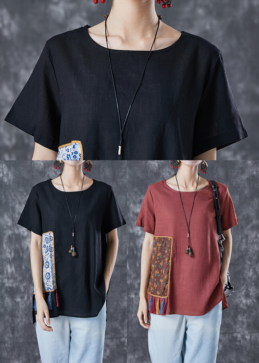 Diy Brick Red Oversized Patchwork Applique Linen Tops Summer LY4987 - fabuloryshop