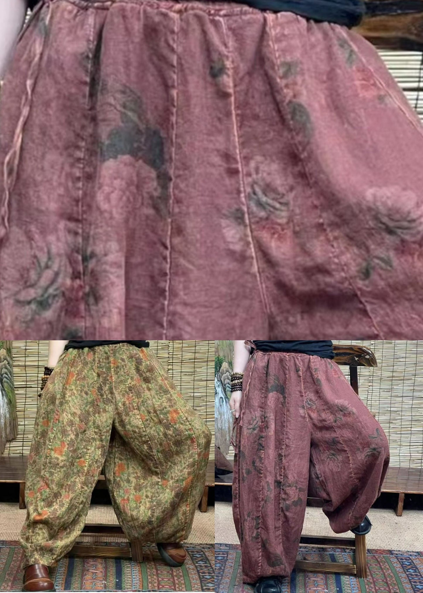 Diy Brick Red Pockets Print Patchwork Linen Lantern  Pants Summer LY4583 - fabuloryshop