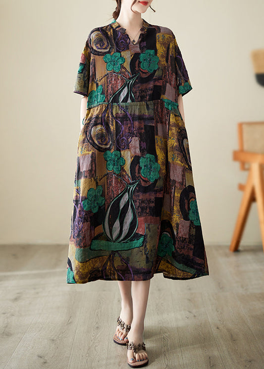 Diy Brown Cinched Print Linen Maxi Dresses Summer Ada Fashion