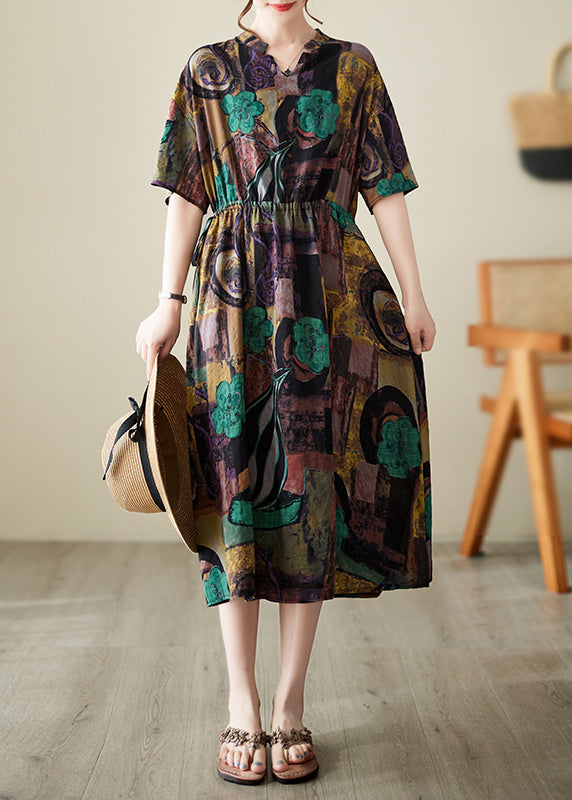 Diy Brown Cinched Print Linen Maxi Dresses Summer Ada Fashion