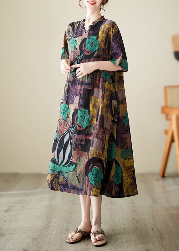 Diy Brown Cinched Print Linen Maxi Dresses Summer Ada Fashion