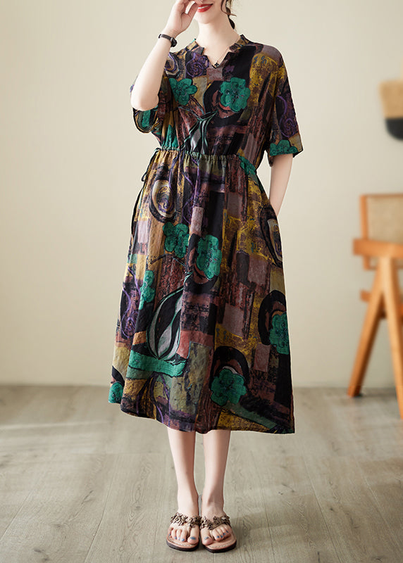 Diy Brown Cinched Print Linen Maxi Dresses Summer Ada Fashion