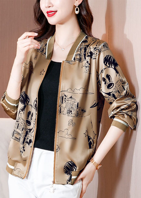 Diy Coffee Zip Up Pockets Print Silk Jackets Spring LY0077 - fabuloryshop