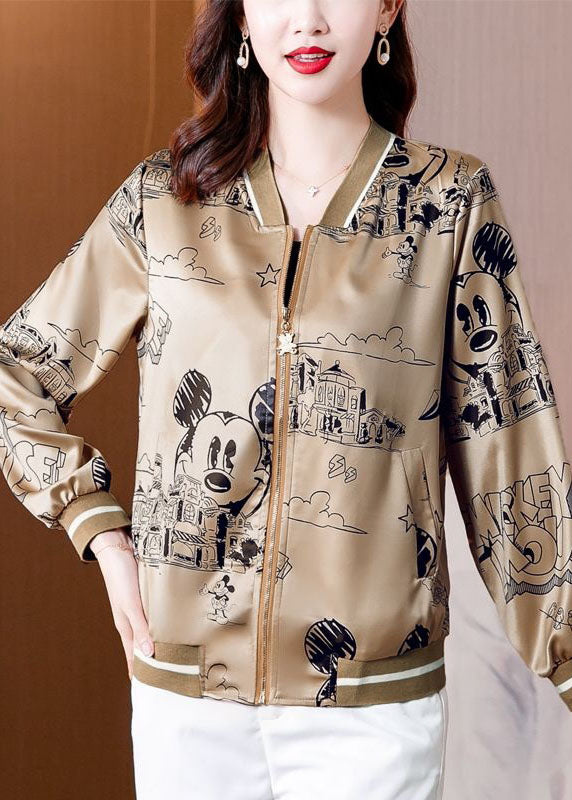 Diy Coffee Zip Up Pockets Print Silk Jackets Spring LY0077 - fabuloryshop