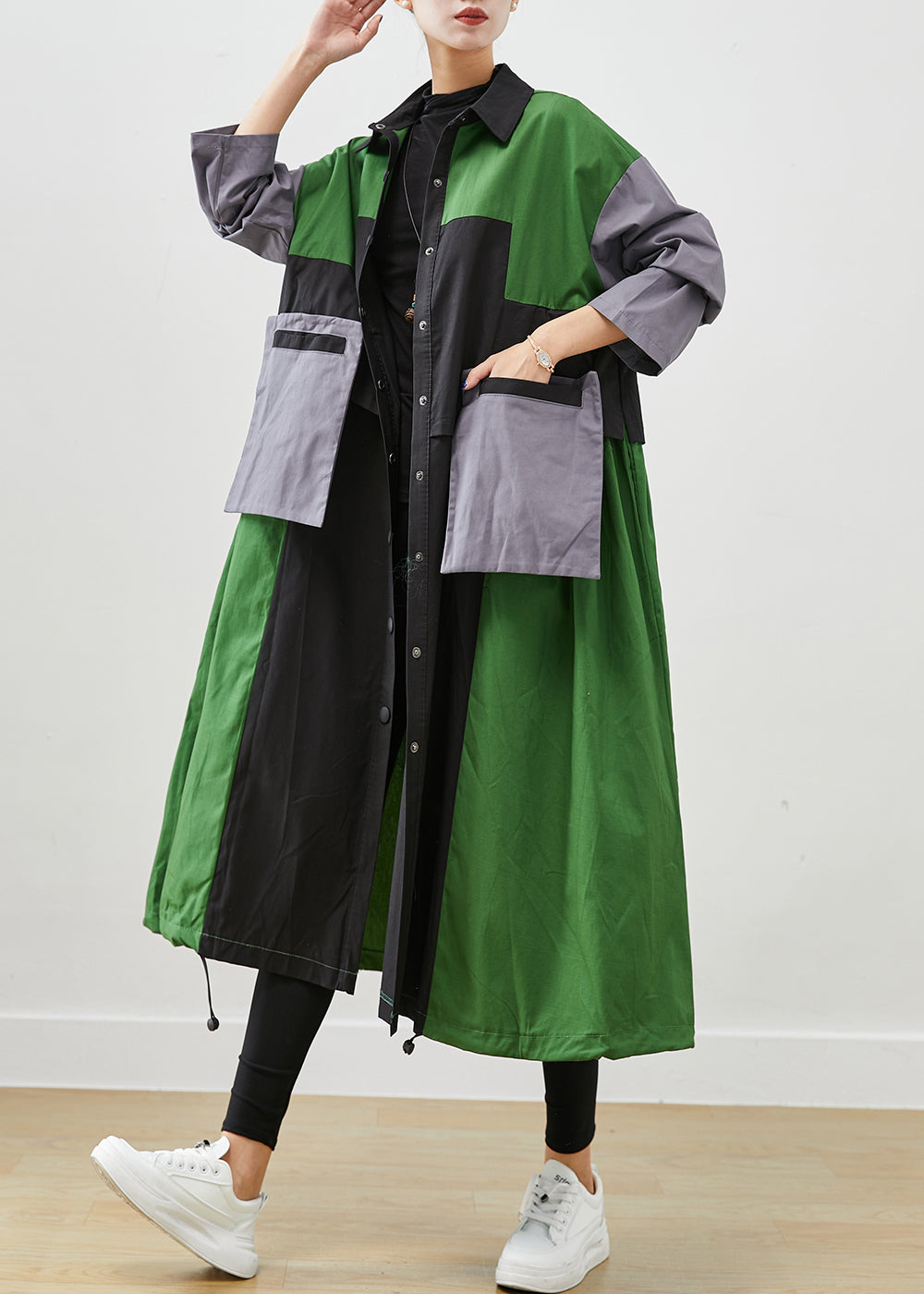 Diy Green Oversized Patchwork Pockets Cotton Coats Fall Ada Fashion