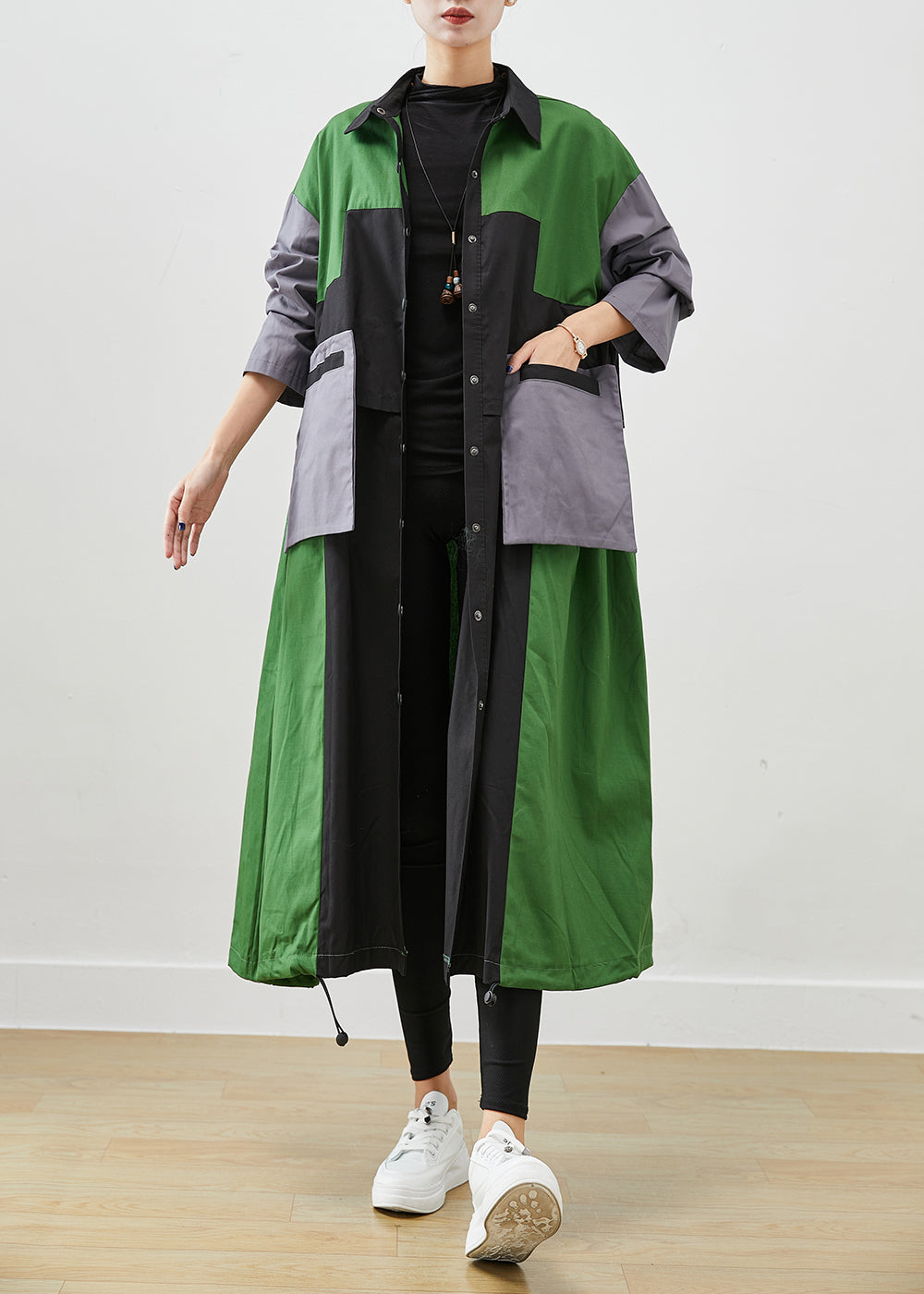 Diy Green Oversized Patchwork Pockets Cotton Coats Fall Ada Fashion