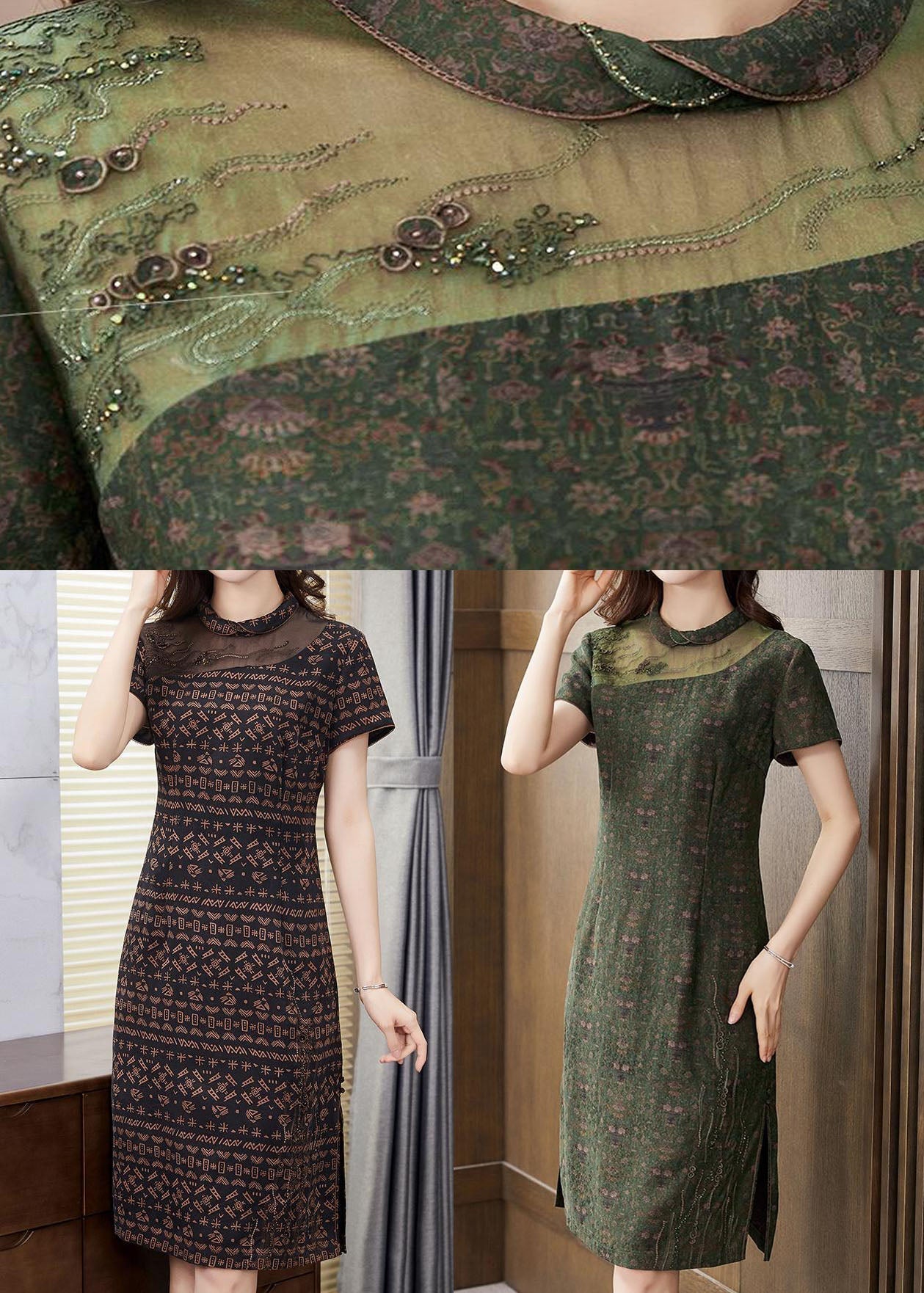 Diy Green Peter Pan Collar Patchwork Silk Dresses Summer LY2251 - fabuloryshop