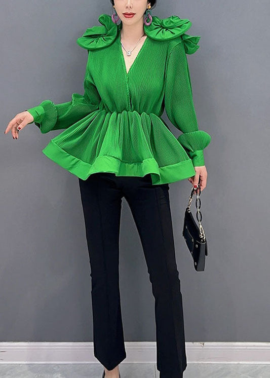Diy Green V Neck Ruffled Patchwork Chiffon Shirt Tops Spring LC0344 - fabuloryshop