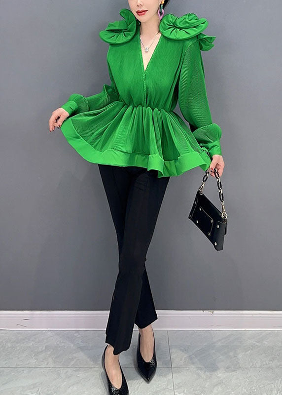 Diy Green V Neck Ruffled Patchwork Chiffon Shirt Tops Spring LC0344 - fabuloryshop