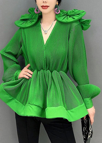 Diy Green V Neck Ruffled Patchwork Chiffon Shirt Tops Spring LC0344 - fabuloryshop