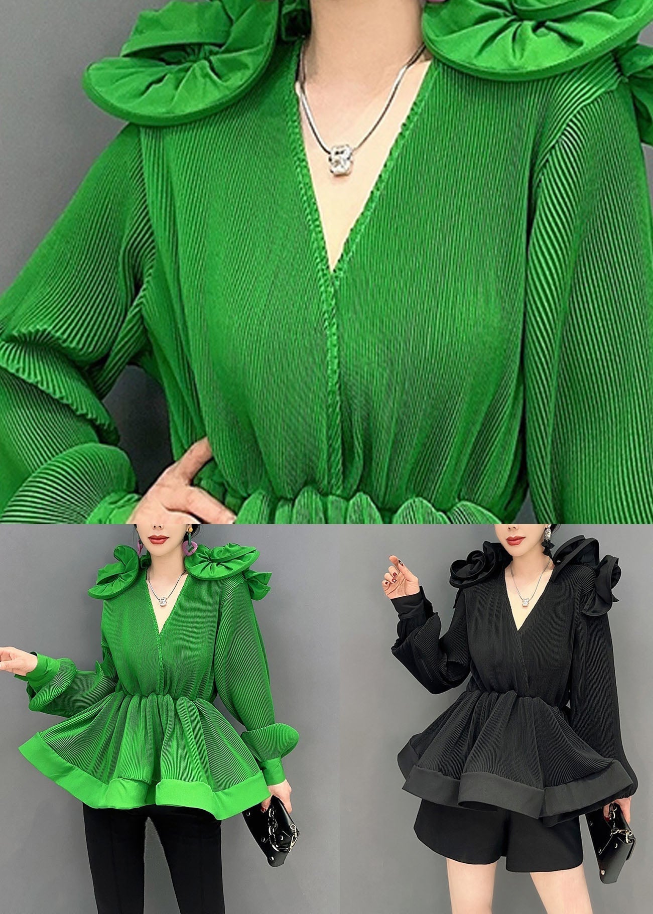 Diy Green V Neck Ruffled Patchwork Chiffon Shirt Tops Spring LC0344 - fabuloryshop