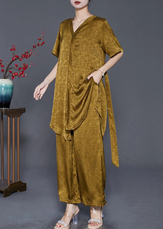 Diy Green Yellow Asymmetrical Silk Two Piece Set Women Clothing Fall Ada Fashion