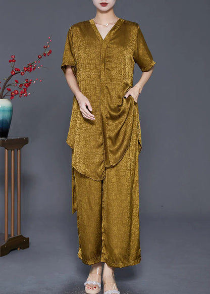 Diy Green Yellow Asymmetrical Silk Two Piece Set Women Clothing Fall Ada Fashion