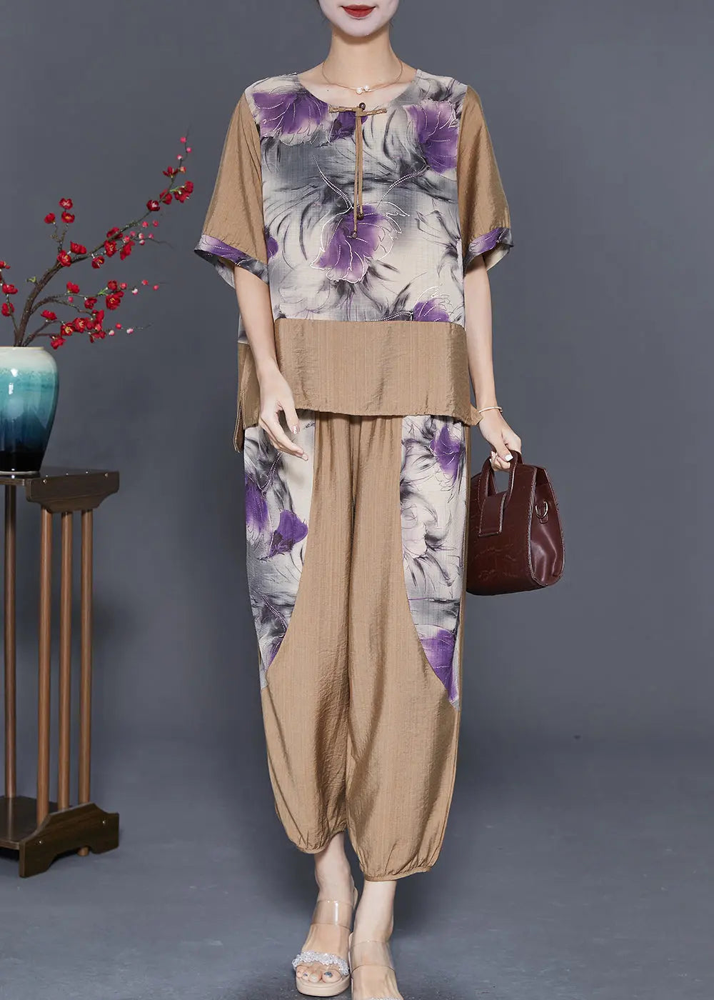 Diy Khaki Oversized Patchwork Tassel Linen Women Sets 2 Pieces Summer Ada Fashion