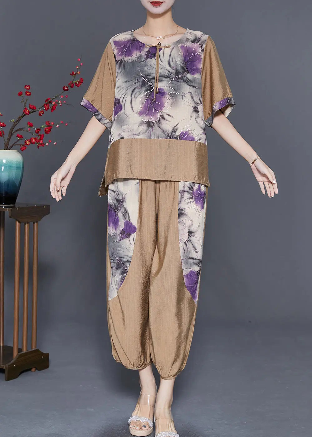 Diy Khaki Oversized Patchwork Tassel Linen Women Sets 2 Pieces Summer Ada Fashion