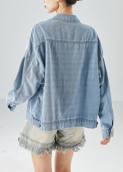 Diy Light Blue Hollow Out Patchwork Zircon Denim Coat Outwear Fall LY6086 - fabuloryshop