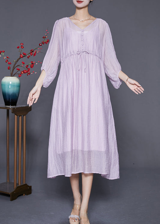 Diy Light Purple V Neck Cinched Silk Cotton Long Dresses Summer Ada Fashion