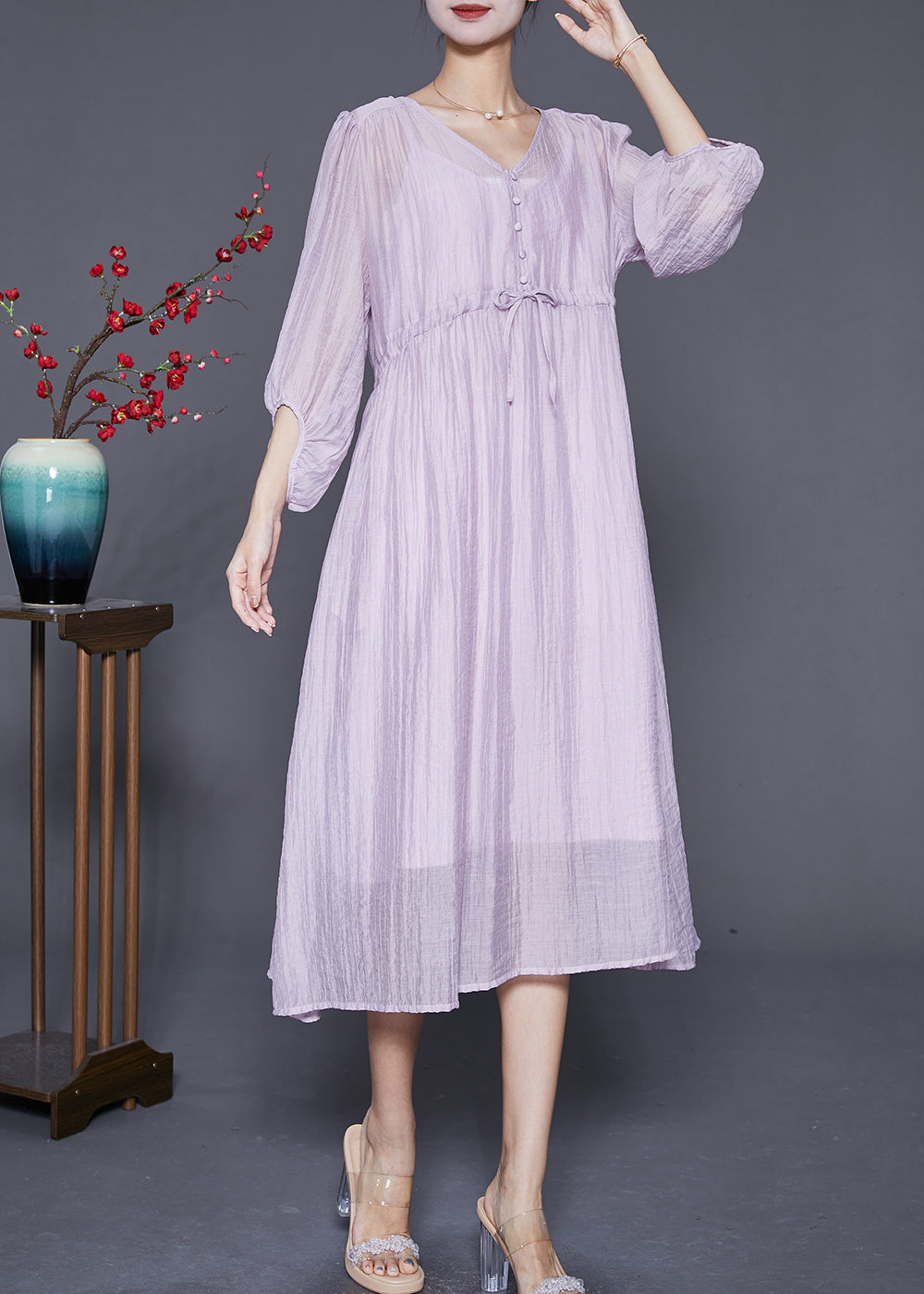 Diy Light Purple V Neck Cinched Silk Cotton Long Dresses Summer Ada Fashion