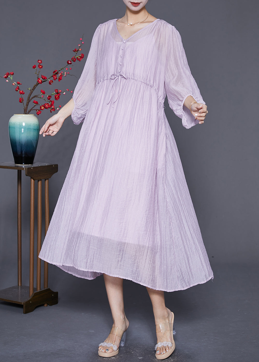Diy Light Purple V Neck Cinched Silk Cotton Long Dresses Summer Ada Fashion