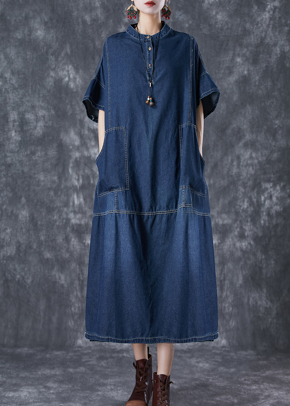 Diy Navy Oversized Patchwork Denim Vacation Dresses Summer LY7036 - fabuloryshop