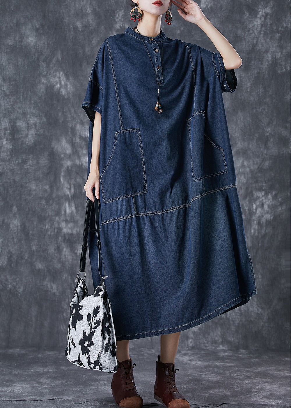 Diy Navy Oversized Patchwork Denim Vacation Dresses Summer LY7036 - fabuloryshop