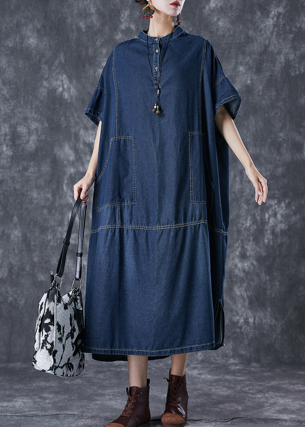 Diy Navy Oversized Patchwork Denim Vacation Dresses Summer LY7036 - fabuloryshop